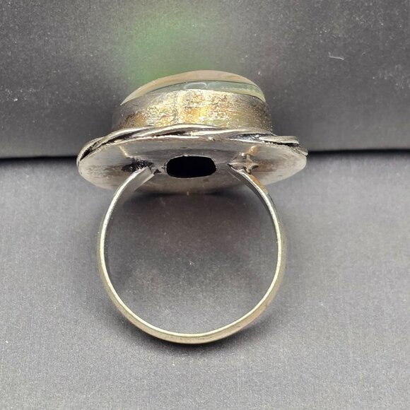 925 Sterling Silver Plt Dichroic Glass Ring Size 8 White Iridescent Bezel Set - Picture 4 of 13